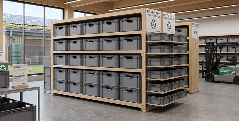 Duurzame stapelbakken gemaakt van 100% gerecycled kunststof, ideaal voor milieuvriendelijke opslag en transport.
